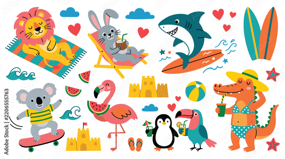 Fototapeta premium Summer vacation animals set with cute characters on beach with surfboards and tropical fun.