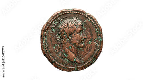 Ancient bronze Roman coin with profile portrait, antique copper artifact with weathered patina, historic numismatic currency piece isolated PNG with Transparent Background