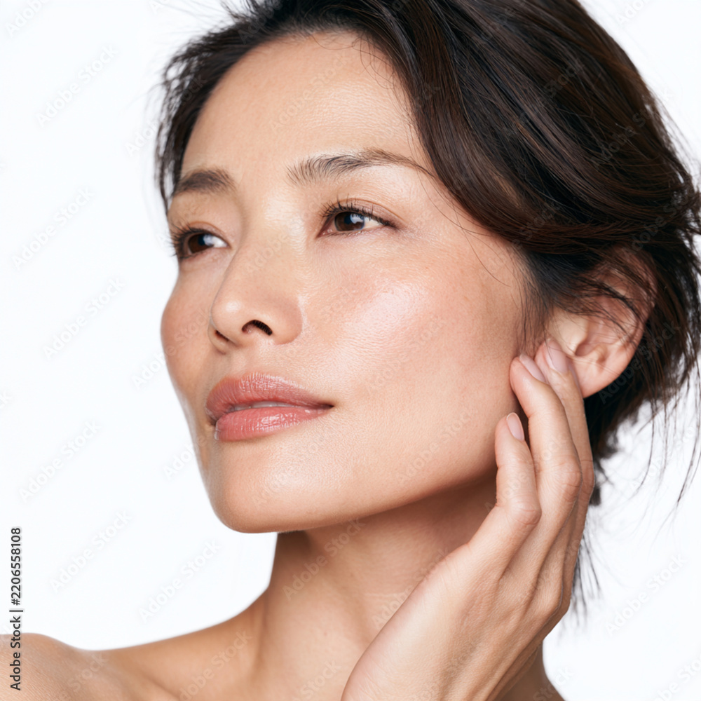 Obraz premium Beautiful Japanese Woman Promoting Healthy Skin at a Spa, Radiating Natural Beauty and Youthfulness, Emphasizing Healthy Lifestyle Practices