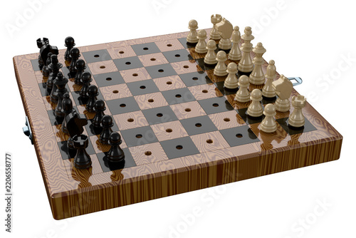 Portable travel chess set with compact board and magnetic pieces, designed for convenience and strategy on the go, durable and lightweight for easy play anywhere. 3D Render.