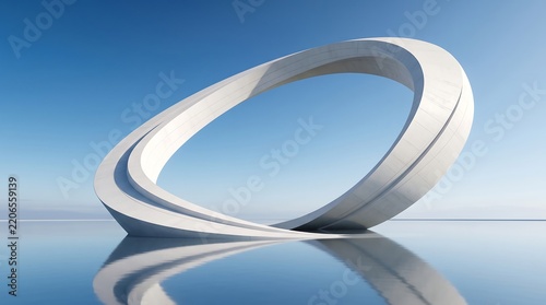 Modern Curved Circular Concrete Sculpture Reflecting on Still Water