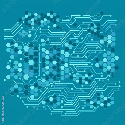 Fondo abstracto de tecnología con circuito impreso y patrones geométricos hexagonales azules.