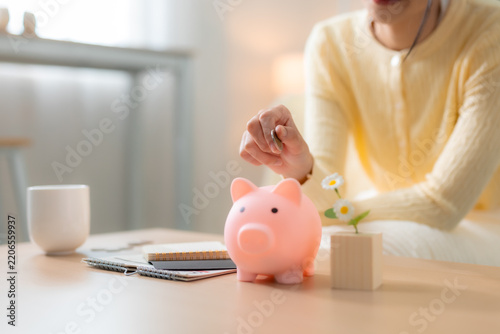 Canvastavla Close-up of women putting coin into pink piggy bank at home, symbolizing personal finance, budgeting, saving money, smart financial planning