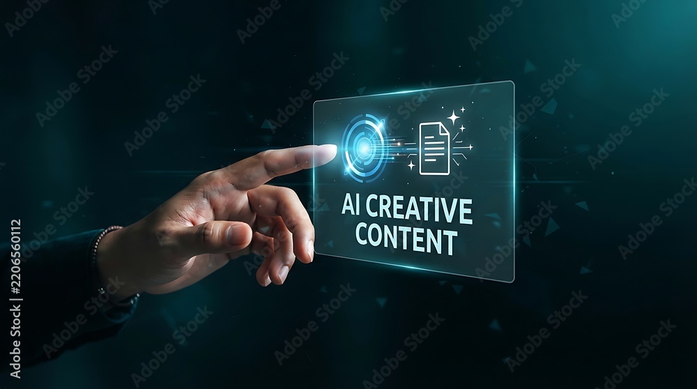 Obraz premium Human hand touching a glowing blue holographic interface displaying the text ai creative with document and circular