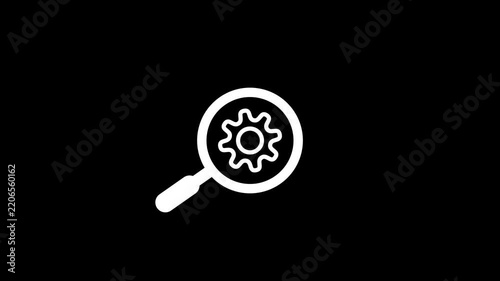 Minimalist magnifying glass with gear animation for technical analysis and seo concepts