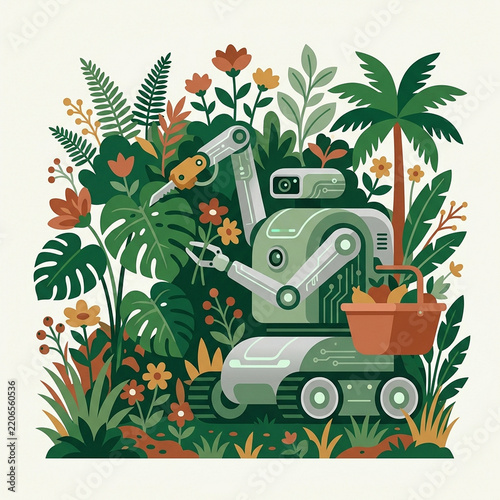 自然の中で果物を収穫する自動化ロボットのフラットデザインイラスト.