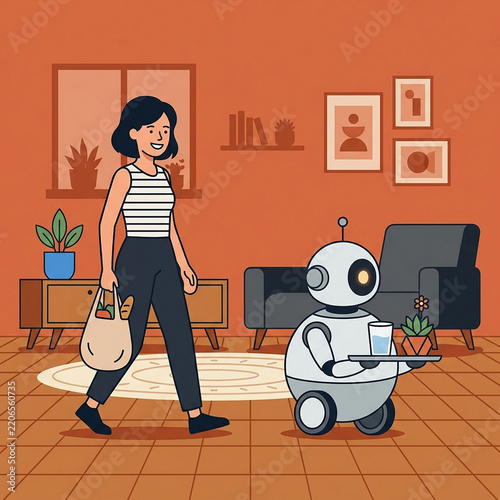 Young woman carrying groceries walking with a helpful home service robot in living room.