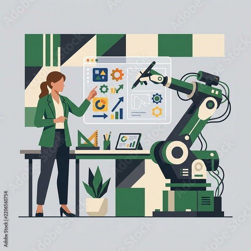 Businesswoman collaborating with industrial robot arm for digital graphic design and data analysis.