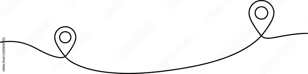 Fototapeta premium Two location pin markers connected by a single continuous line path