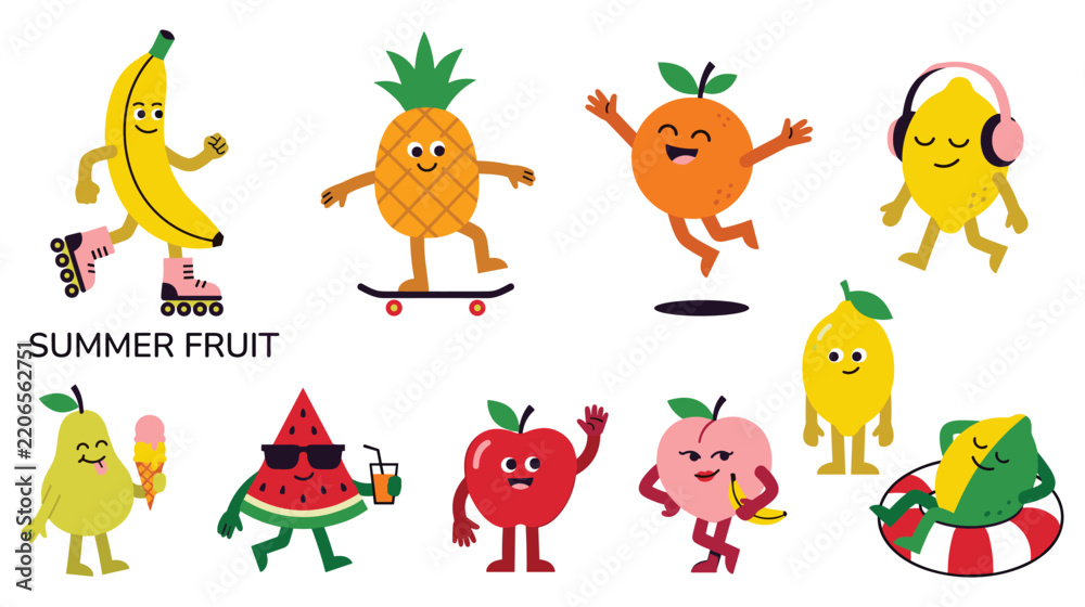 Fototapeta premium Summer fruit characters with funny expressions enjoying vacation in colorful vector design.