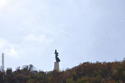 Photography Long-distance view of the iconic Liberty Statue (Szabadsg Szobor) standing on its stone pedestal atop the lush, autumn-colored slopes of Gellrt Hill against a bright sky