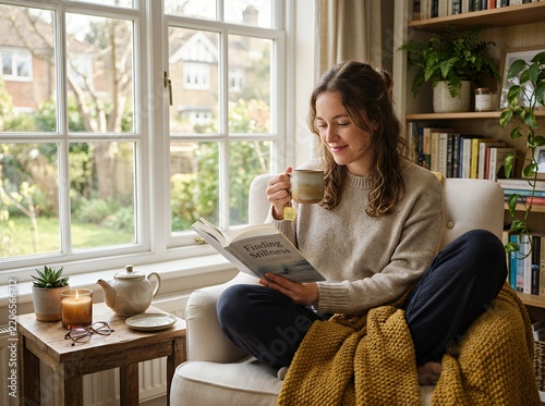 Young woman relaxing reading a book and drinking tea by the window.