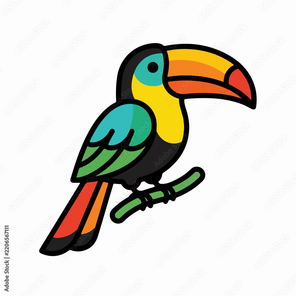 Fototapeta premium Colorful toucan bird perched on branch sticker icon.