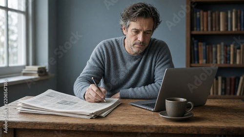Focused middle-aged journalist verifying information with laptop and newspaper. Mature man working at wooden desk with coffee cup. Fact checking and investigative journalism concept