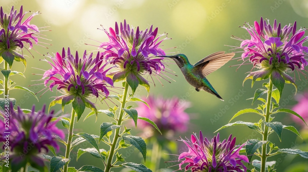 Obraz premium Small hummingbird flies near bright purple bee balm flowers in garden. Tiny bird feeds on nectar from blooming flora. Summer wildlife scene with colorful petals, green leaves under soft natural light
