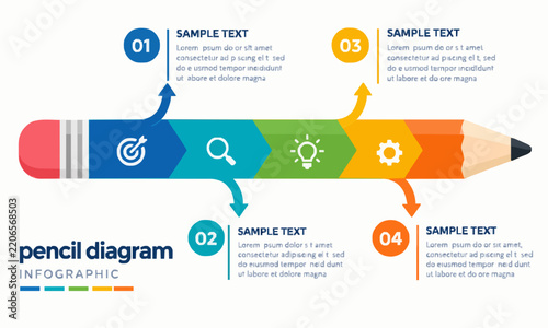 Creative pencil shape 4 steps process infographic diagram for education and business