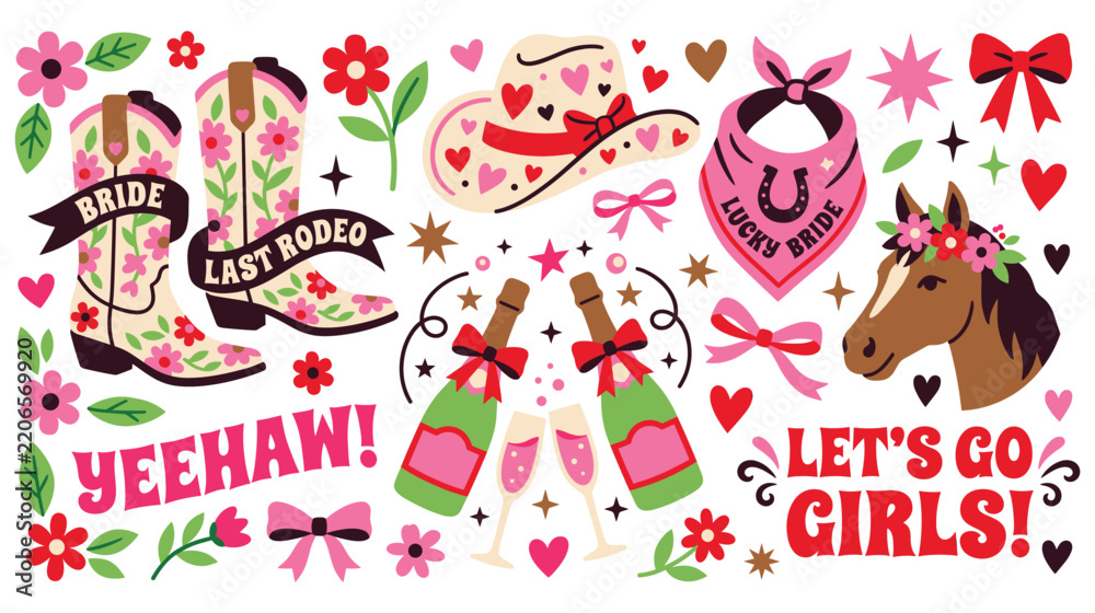 Obraz premium Country western bridal shower stickers with cowboy boots hat horse and rodeo text elements.