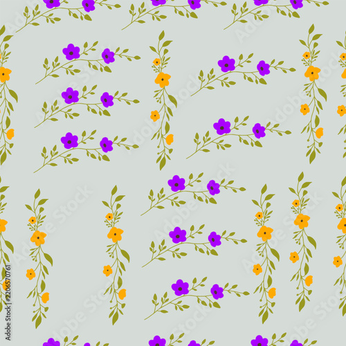 Seamless Pattern with Hand Drawn Purple and Yellow Flowers on Light Grey Background