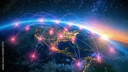 Glowing lines connect illuminated cities across a darkened planet.