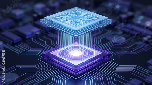 Obraz na płótnie Advanced processor chip floating above motherboard circuit board with glowing blue data streams representing high performance computing artificial intelligence and complex semiconductor hardware