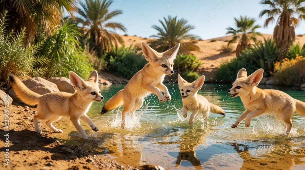 Fototapeta premium Group of small fennec foxes play in desert oasis water. Cute wild animals jump, splash in blue pond. Sandy dunes, palm trees surround small predators. Active wildlife enjoy refreshing moment in hot