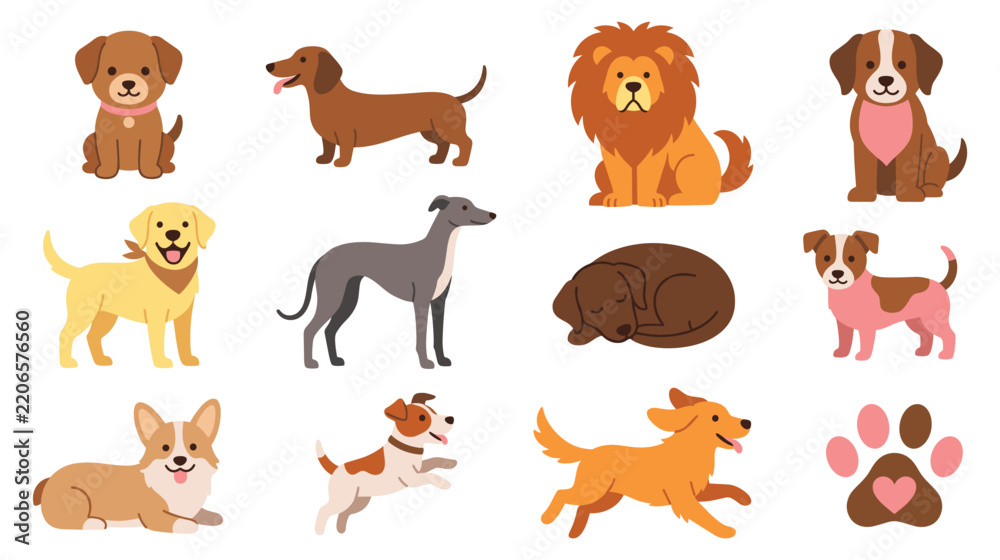 Obraz premium Various dog breeds set featuring different poses and cartoon styles for animal lover art.