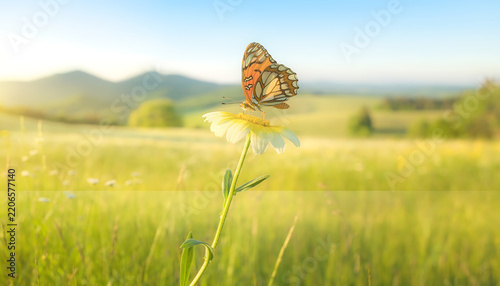 Butterfly perched on white daisy in a sunlit meadow