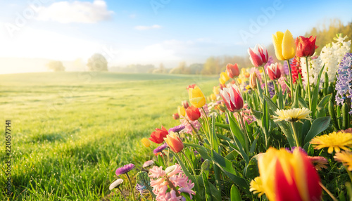 Colorful tulip flower bed beside a green meadow in spring