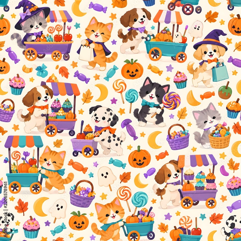 Fototapeta premium Charming Halloween Market Seamless Pattern with Cute Animals, Sweet Treats, Food Stalls, Pumpkins, and Spooky Costumes for Kids Accessories and POD Products