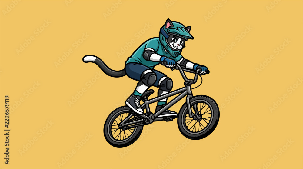 Obraz premium Cartoon cat wearing helmet riding bicycle on yellow background