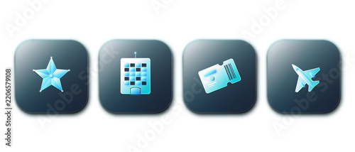 Vacation Travel Tourism Flight and Hotel Booking Icons in 3D Glass.
