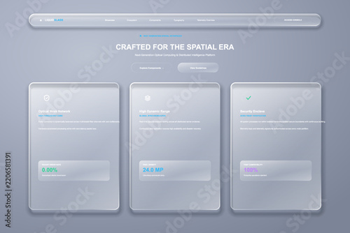 Modern liquid glass presentation landing page three card showcase feature callout buttons template mockup background