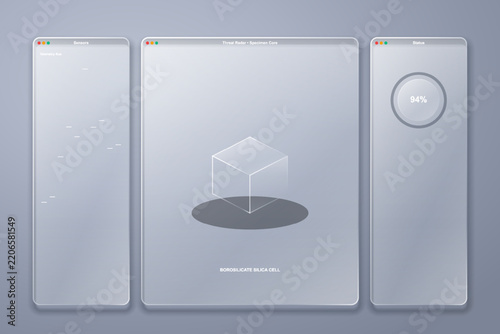 Futuristic frosted glass threat radar dashboard specimen isometric cube circular status gauge three column interface background