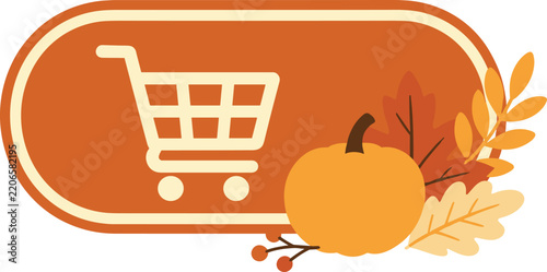 Autumn Shopping Cart Icon with Pumpkin and Fall Leaves