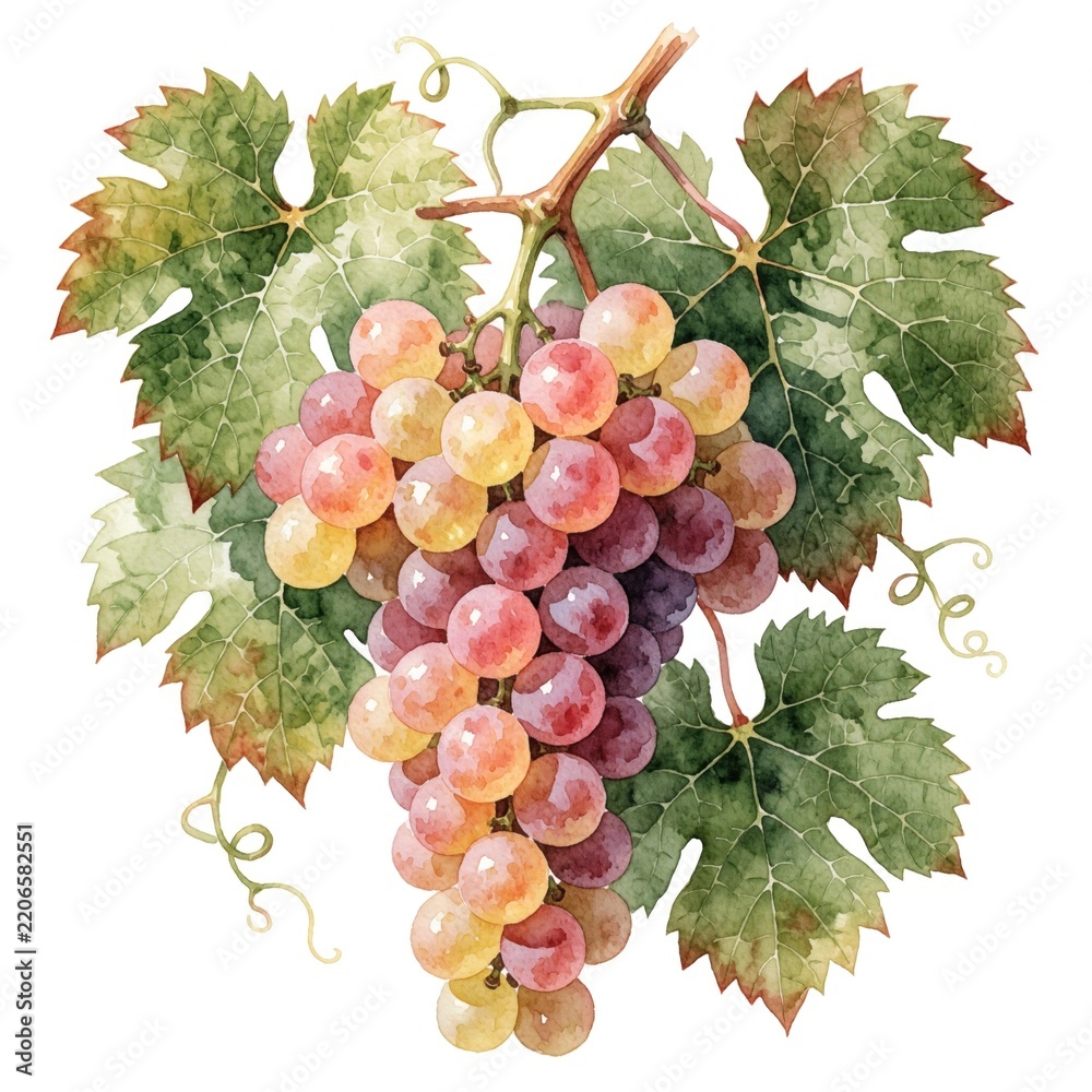 Obraz premium Watercolor illustration of ripe grape bunch with green leaves on white background. Hand drawn pink, yellow fruit clusters hang from vine. Organic berry element for summer food menu, wine label