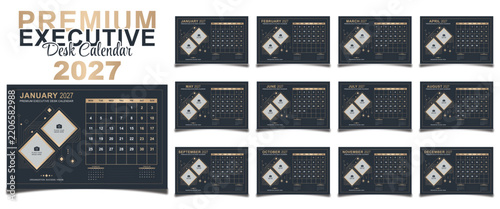 Premium executive desk calendar 2027 template featuring elegant dark gold geometric layouts for professional corporate planning with customizable placeholders