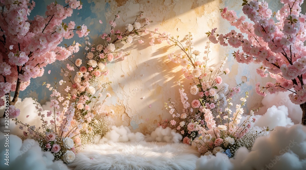 Obraz premium Dreamy maternity photoshoot backdrop with pink cherry blossom trees, pastel flowers. Soft white clouds, fluffy rugs cover floor. Aged textured wall with warm golden light creates romantic fairytale
