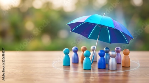 Colorful wooden peg doll figures standing together under blue umbrella representing group insurance coverage and protection for employees in business workplace environment concept