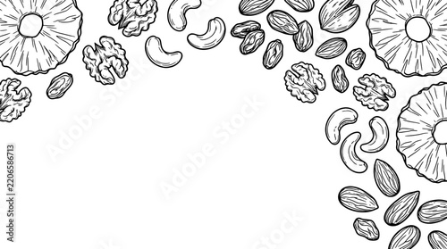 Nuts and dried fruits border frame with copy space, hand drawn outline vector illustration of mixed dry snacks