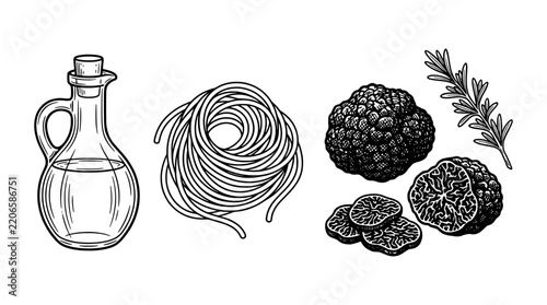 Set of black and white line art vector illustrations featuring truffle mushrooms, olive oil cruet, spaghetti pasta nest and rosemary herb isolated on white background