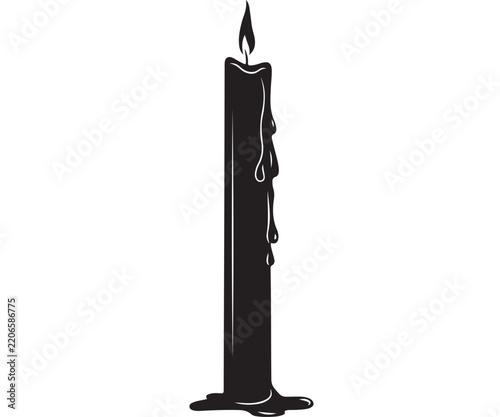 Minimalist black candle burning with melting wax drips in simple vector style