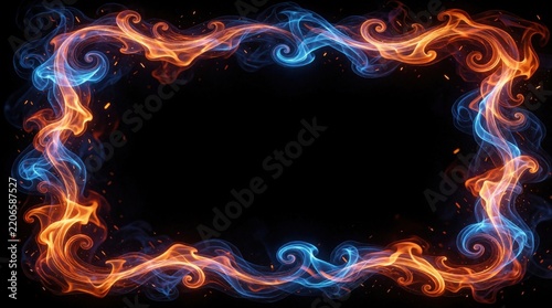 Vibrant fire, blue smoke form swirling frame border on black background. Glowing orange flames, icy blue tendrils create magical energy swirl. Dynamic sparks, mystical light effects decorate dark
