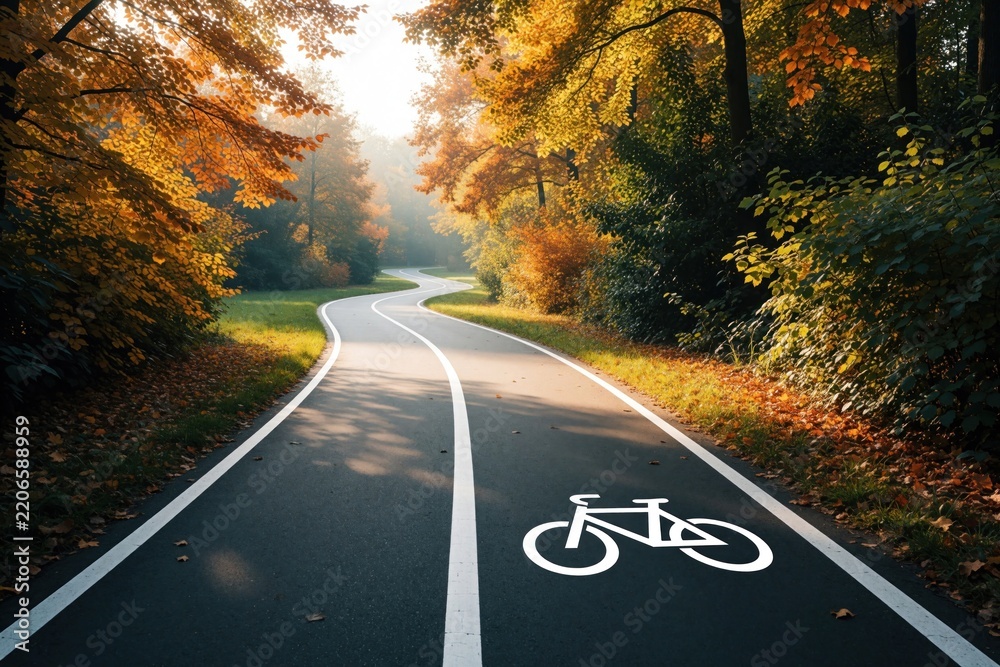 Obraz premium Winding asphalt road with white markings through autumn park. Dedicated bike lane for cyclists next to pedestrian path. Colorful fall trees with yellow, orange leaves surround scenic landscape. Sunny