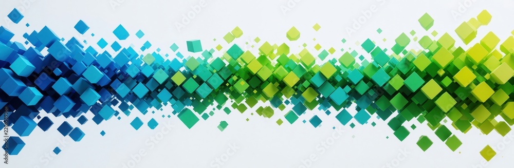 Obraz premium Abstract digital art with blue, green exploding pixels on white background. Dynamic 3d geometric cubes form wavy wave pattern. Modern graphic design for tech web banner, creative wallpaper futuristic