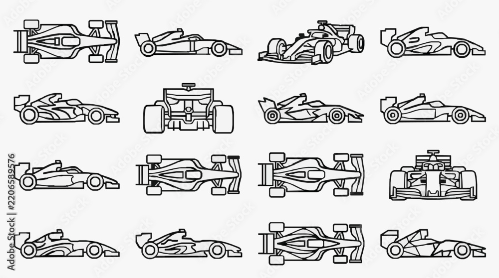 Obraz premium Diverse Collection of Formula Racing Cars in Sleek Line Art Design