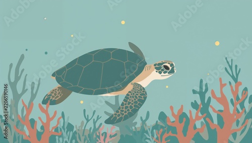 Underwater Scene of a Sea Turtle Swimming Above Coral Reef Ecosystem Illustration