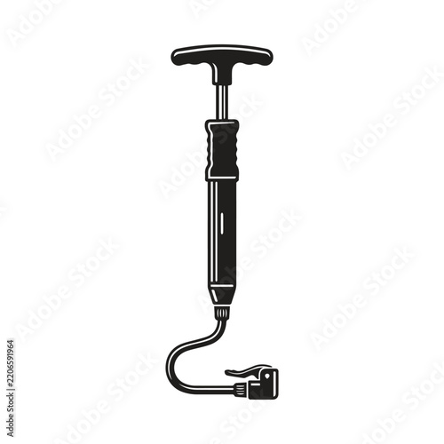 Black and white vector icon of a hand bicycle pump with hose and nozzle