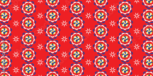 Red and gold songket inspired geometric seamless pattern, traditional woven textile vector
