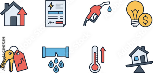 Inflation and rising living costs icon set featuring energy bills gas prices housing market trends and high utility expenses for households