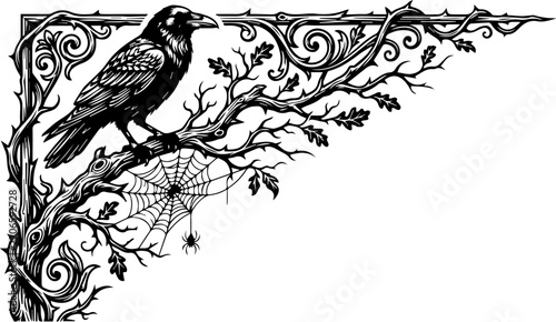 Halloween Corner Design Raven Spider Web Isolated Transparent Background